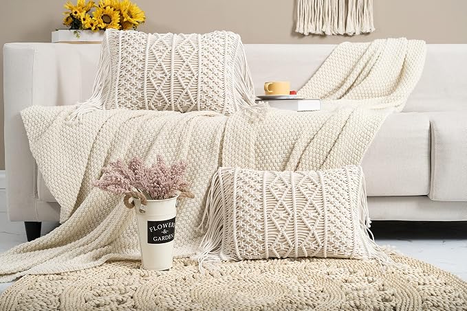 Macrame Lumbar Pillow Cover-Set of 2 with Tassels Rectangualr Cushion Covers Boho Throw Pillow Cover for Couch, Sofa, Bed, Farmhouse, Chair, Dining, Patio, Outdoor, car (B)
