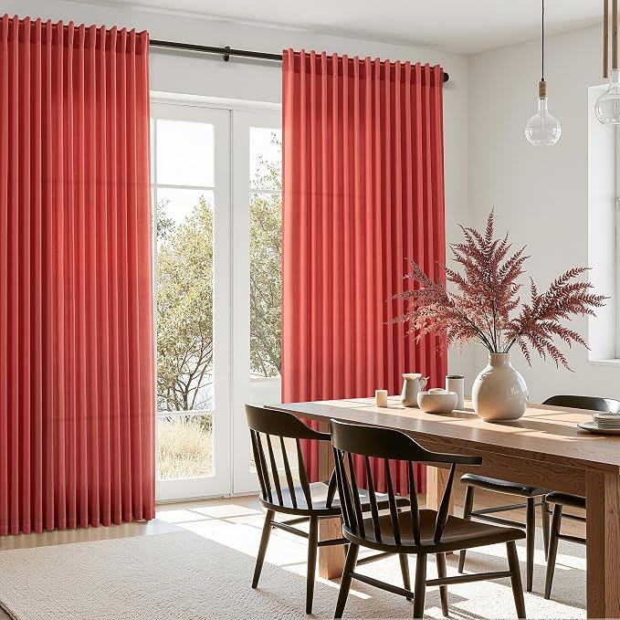 Christmas Red Linen Curtains 63 Inch Length for Living Room Light Filtering Semi Sheer Curtain Back Tab and Rod Pocket Vintage Rustic Luxury Home Decor Neutral Drapes for Bedroom 52x63, 2 Panels