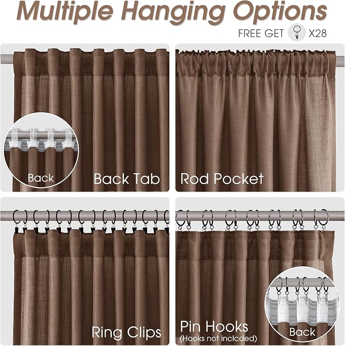 Linen Curtains 96 Inches Long for Living Room Back Tab Semi Sheer Floor to Ceiling 8ft Light Filtering Curtain Boho Farmhouse Decor Window Drapes for Bedroom 52x96 2 Panels Caramel Brown
