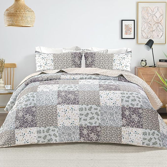 Whale Flotilla Patchwork Quilt King Size, Extra Soft Floral Bedspreads | Grey Reversible Lightweight King Quilt Bedding Set for Bed, Printed Coverlets with 2 Pillow Shams for All Seasons
