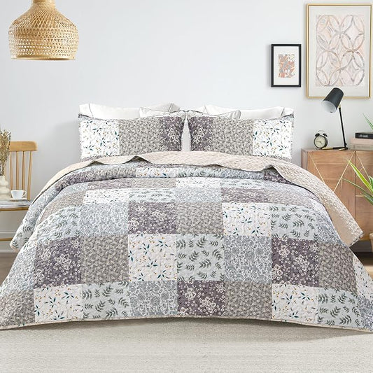 Whale Flotilla Patchwork Quilts Twin Size, Extra Soft Floral Bedspreads | Grey Reversible Lightweight Twin Quilt Bedding Set for Bed, Printed Coverlets with 1 Pillow Sham for All Seasons