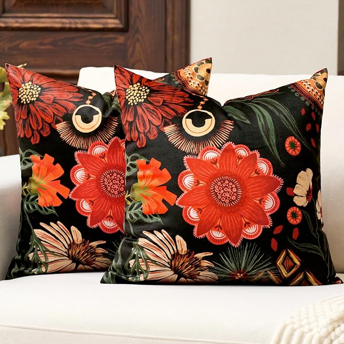 Tyrot Black Red Boho Floral Velvet Throw Pillow Covers 20x20 Inch Set of 2 Vintage Farmhouse Cushion Covers Mid Century Botanical Home Decor Pillow Cases for Couch Bed Sofa Living Room, Bedroom