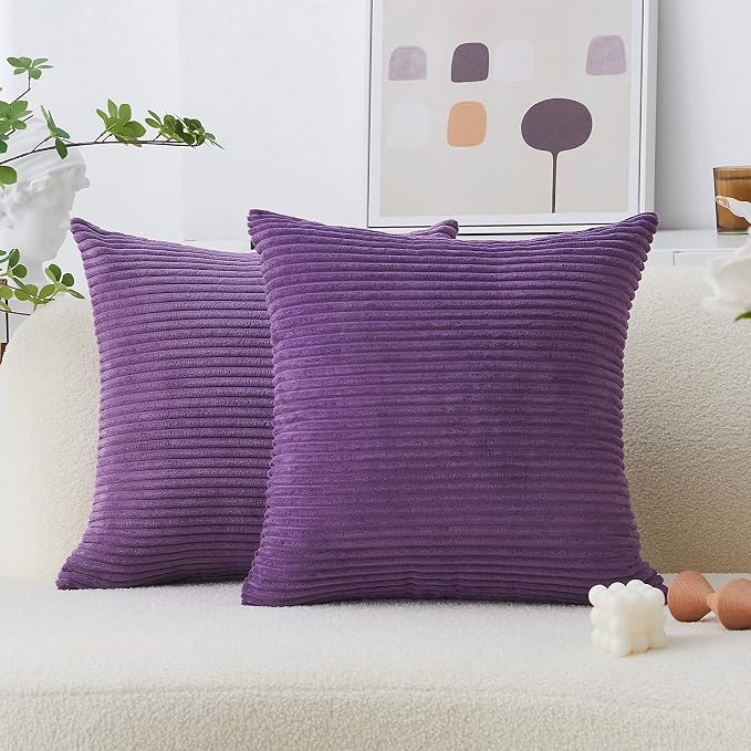 Home Brilliant Purple Pillow Covers Set of 2 Striped Velvet Corduroy Decorative Euro Sham Throw Pillow Cover for Couch, 26 x 26 inch, Eggplant