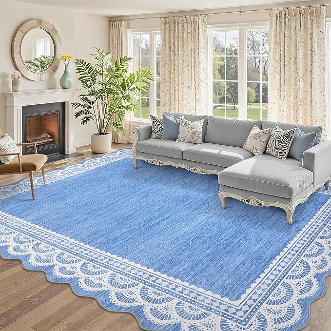 COZYLOOM 9x12 Scalloped Lace Border Area Rug for Bedroom, Large Living Room Rugs with Non Slip Backing, Modern Solid Stain Resistant Rugs Non Shedding Low Pile Mats for Bedroom, Dining Room, Blue