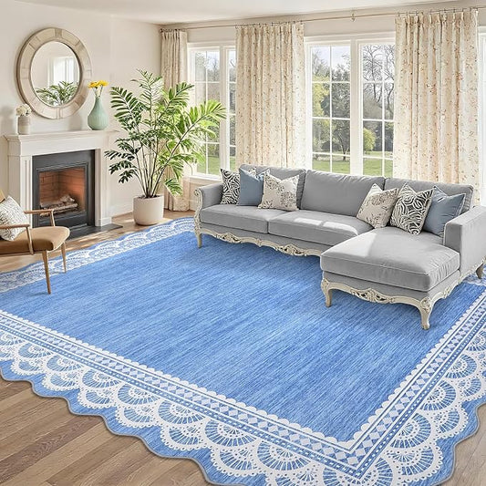 COZYLOOM 10x13 Scalloped Lace Border Area Rug for Bedroom, Large Living Room Rugs with Non Slip Backing, Modern Solid Stain Resistant Rugs Non Shedding Low Pile Mats for Bedroom, Dining Room, Blue