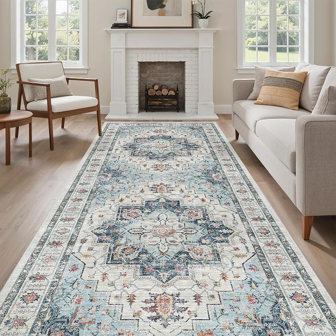 Madane 4x10 Wide Hallway Runner Rug Washable for Living Room, Blue | Soft Stain Resistant Ktichen Runners 10ft, Vintage Non Slip Low Pile Area Rugs, Thin Floor Carpet for Bathroom Dining Bedroom