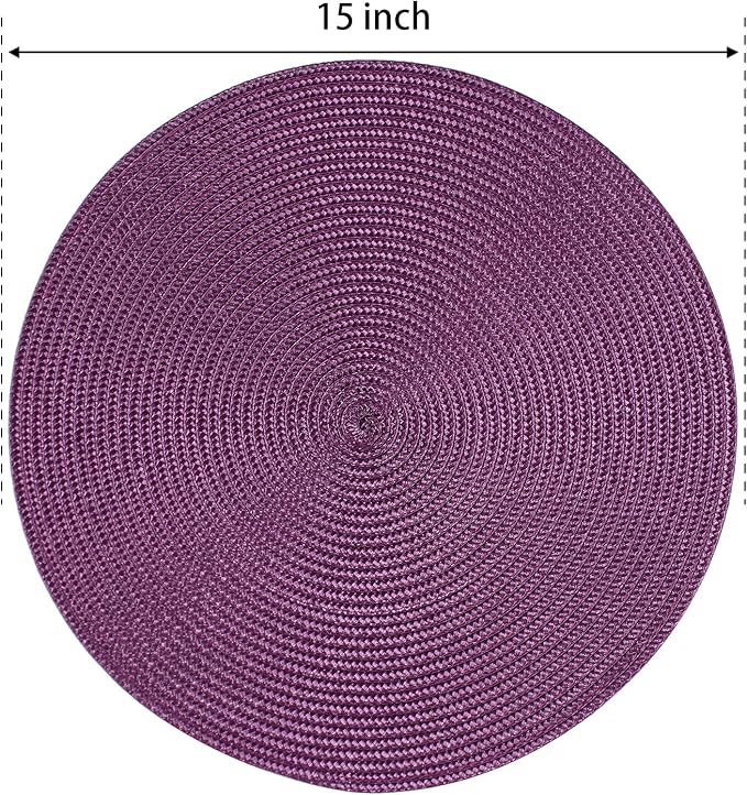 FunWheat Round Braided Placemats Set of 6 Table Mats for Dining Tables Woven Washable Non-Slip Place mats 15 inch(Purple, 6pcs)