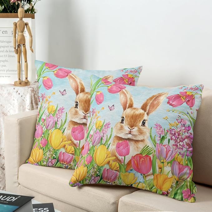 Easter Bunny Pillow Covers 24x24 Set of 2 Lovely Rabbit with Tulip Throw Pillow Covers Spring Pillow Case Floral Cotton Blend Cushion Case for Easter Decor Sofa Patio Garden