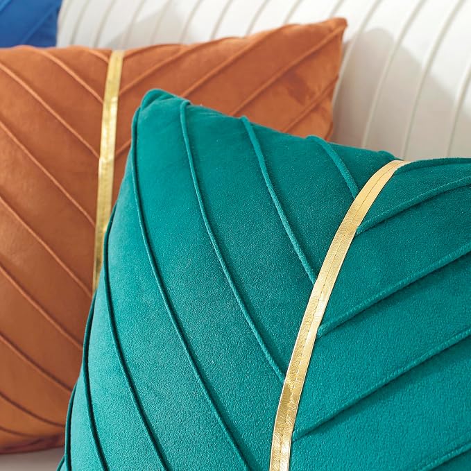 TAOSON Burnt Orange Gold Leather Velvet Throw Pillow Covers,18x18,Pack of 2 | Gold Leather Decorative, Cushion Cases, Spring Summer, Sofa Couch Living Room Décor