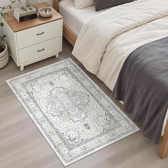 Madane Washable Area Rug 2x3 Small Entryway Rugs Non-Slip, Grey | Vintage Stain-Resistant Door Mat Indoor Entrance, Low Pile Floor Carpet for Inside Front Bedroom Kitchen Entry Laundry, Stair