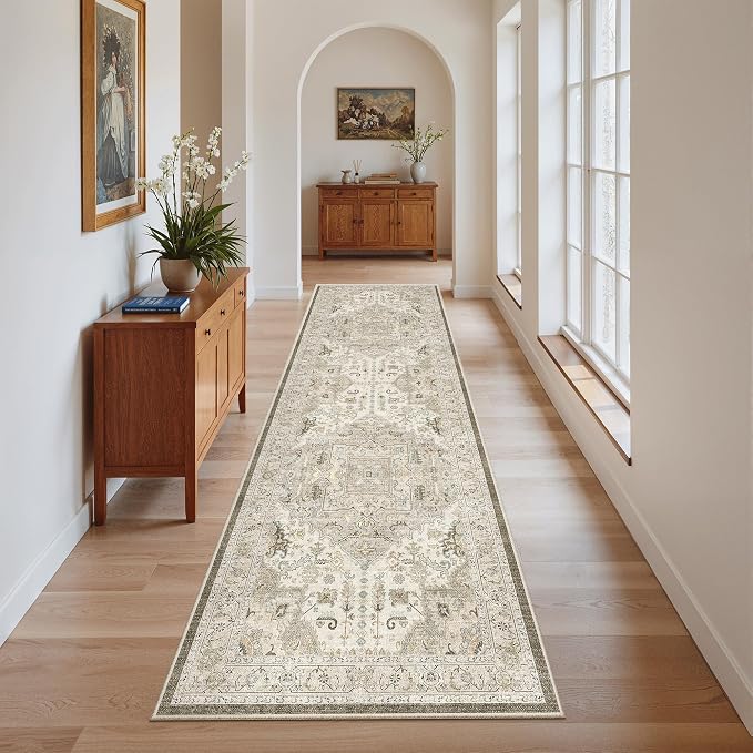 Madane Kitchen Runner Rug 2x7 with Rubber Backing Non Slip, Ivory/Brown | Vintage Ultra-Thin Machine Washable Hallway Rugs 7 ft, Soft Low-Pile Throw Carpet Runners for Bedroom Bathroom Laundry Room