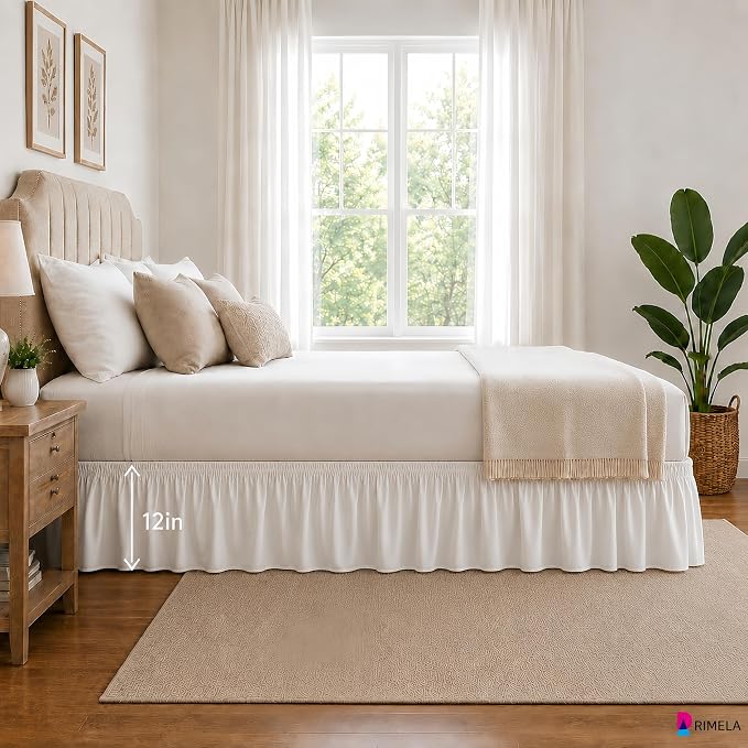 Warm White Bed Skirt King Size 12" Drop, Elastic Wrap Around Bedskirt | Solid Ruffled, Easy to Use, No Mattress Lifting, Wrinkle & Fade Resistant, with Adhesive Strips, Machine Wash/Dry/Iron