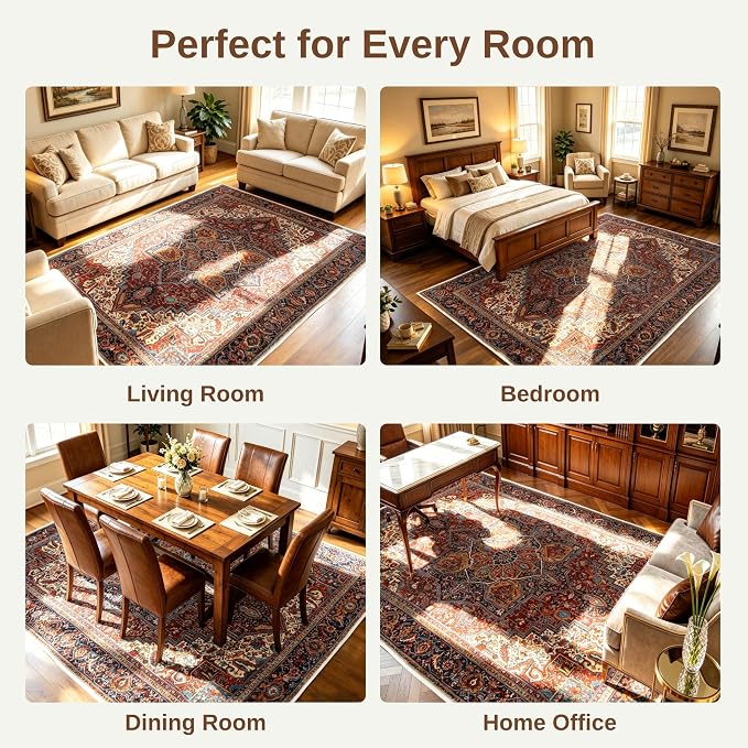 Red 8x10 Washable Rug for Living Room, Non Slip Area Rug for Bedroom | Soft faux wool, machine washable & stain resistant. Non-slip rubber backing, low pile. For living room, bedroom, office.