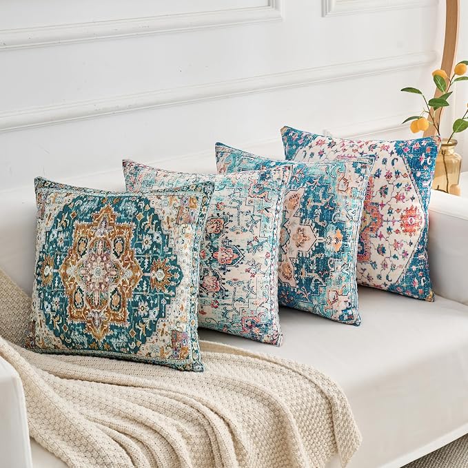Throw Pillow Covers 20x20 Inch Set of 4 Washable BOHO Vintage Style Decorative Throw Pillow Cases Soft Velvet Square Farmhouse Decor Retro Cushion Covers for Couch Sofa Bed Living Room Outdoor