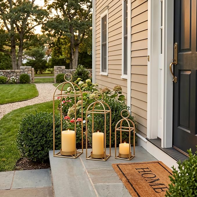 22.2" Outdoor Decorative Lanterns, Metal Candle Lanterns, Farmhouse Lantern Decor, Antique Gold Iron Lantern Candle Holders for Fireplace Mantel, Table Centerpiece,Home Decor