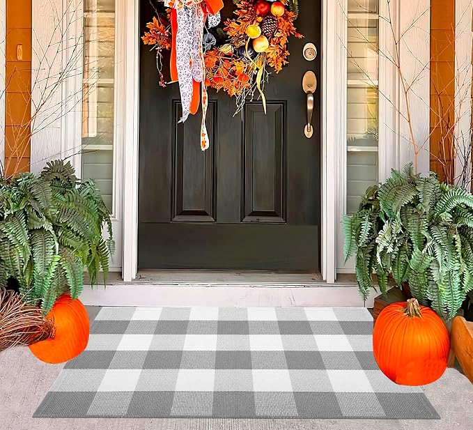 Buffalo Plaid Rug 24''x35''Grey and White Checkered Mat Cotton Machine Washable Carpet Layering Rug for Hello/Welcome Door Mat Front Porch, Kitchen, Farmhouse, Entryway,Bathroom