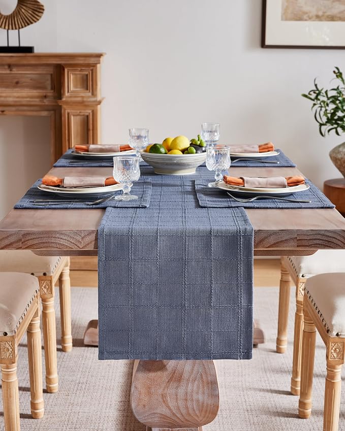 ZeeMart Linen Checked Farmhouse Table Runner, 13x72 Inches Blue | Raised Grid Design, Rich Woven Texture, Linen Blend Table Runners 72 Inches Long, Machine Washable, Boho Home Kitchen Decor