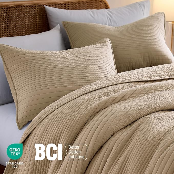 palassio Striped Dark Beige 100% Cotton Quilt Twin Size Bedding Sets, Lightweight Crinkly Channel Pick Stitch Textured Bedspread Soft Shabby Chic Farmhouse Country Coverlet for All Season, 1 Sham