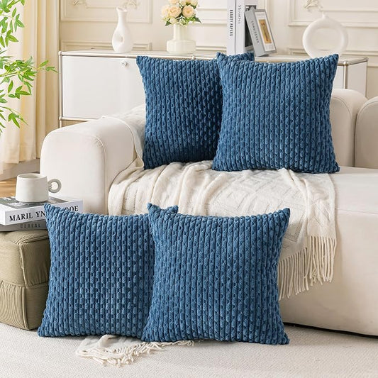 Set of 4 Blue Decorative Throw Pillow Covers 24x24 Inch Corduroy Pillow Covers for Bed Couch Sofa Living Room Soft Square Cushion Cases