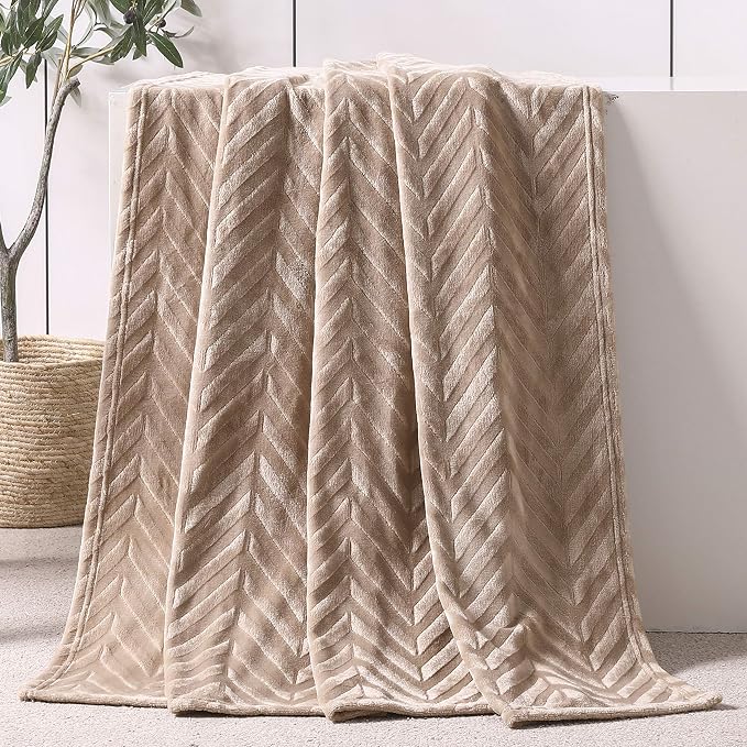 Whale Flotilla Flannel Fleece Throw Blanket for Couch, Champagne | Lightweight Breathable Soft Sofa Throws, Plush Fluffy Chevron Design Decorative Blankets for All Season, 50x60 Inch