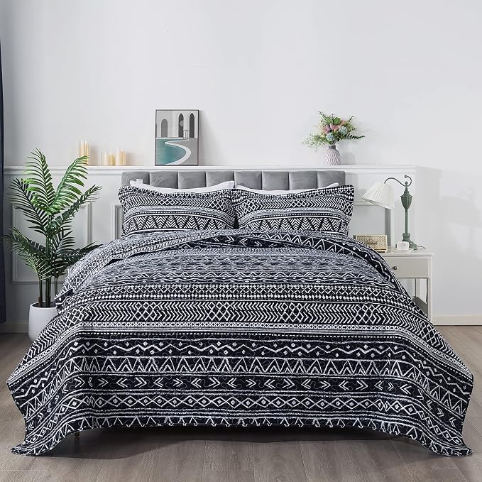 Travan 3-Piece King Quilt Set Striped Pattern Microfiber Soft Lightweight Bedding Set with Shams for All Season, Black Strips, King Size