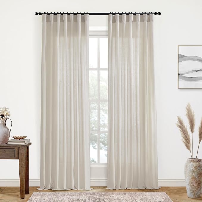 XTMYI 105 Inch Linen Curtains, Semi Sheer Light Filtering Drapes, Back Tab Window Drapes for Living Room Bedroom 2 Panel Set, Oatmeal Beige, 50" W x 104" Long