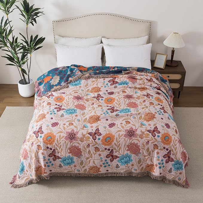 Phuryllic Boho Throw Blanket Full Size, Soft Cozy Cotton Muslin Quilt Blanket for Bed Decor, Floral Patterned Couch Sofa Chair Cover, Vintage Farmhouse Cottage Tapestry Woven Blanket, Coral&Green