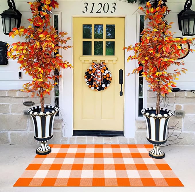 Orange and White Layered Doormat 27.5''x 43.3''Fall Outdoor Rug Cotton Woven Washable Farmhouse Door Mats Outdoor for Halloween Mat,Entryway,Bedroom,Patio