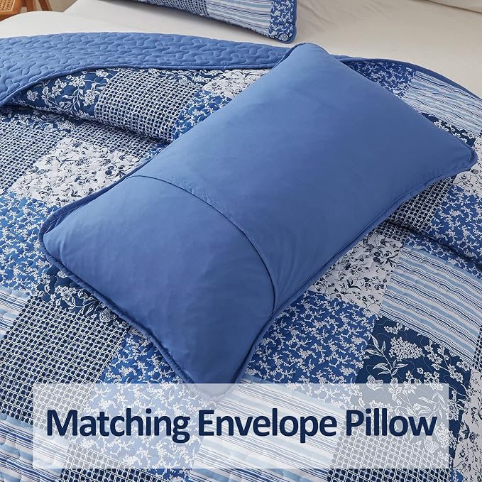Mybedsoul King Size Quilt, Boho Patchwork Floral Bedding Set, Blue | Soft Lightweight Microfiber Coverlet Set, 3 Pieces Plaid Reversible Bedspread, Bed Sets for All Seasons 90"x110"