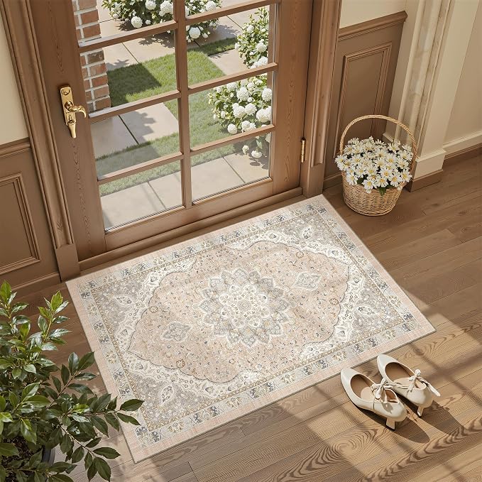 Madane Washable Area Rug 2x3 Small Entryway Rugs Non-Slip, Pink/Gray | Vintage Stain-Resistant Door Mat Indoor Entrance, Low Pile Floor Carpet for Inside Front Bedroom Kitchen Entry Laundry, Stair