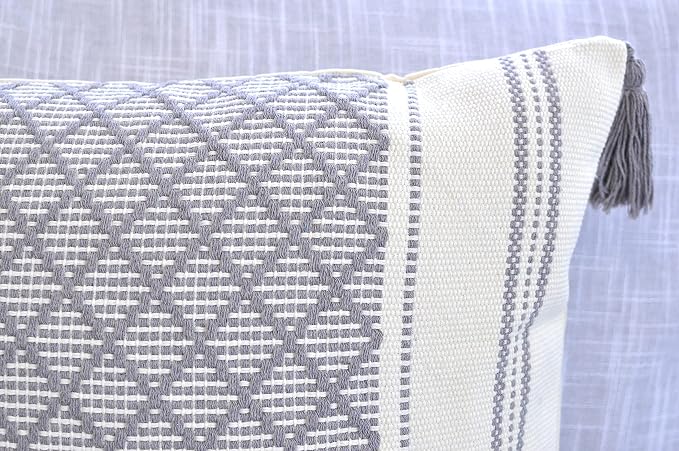 Gray 16x16 Pillow Covers - Set of 2 / Decorative Grey Boho Tassels Indoor Outdoor Cushion Covers Checkrered Geometric Pattern / Farmhouse Designer Woven PillowCases/ Modern Accent Throw PillowCovers