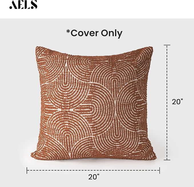 AELS Boho Decorative Textured Throw Pillow Covers 20x20, Organic Modern Mid Century Rainbow Tufted Pillow Case, Farmhouse Rustic Geometric Woven Cushion Case for Bed Couch Sofa, Burnt Orange