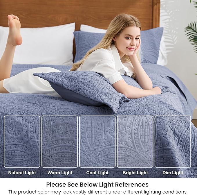 Love's cabin Oversized King Size Quilt Bedding Set Bluish Grey Bedspreads - Oversized King Lightweight Bedspread Comforter - Coin Pattern Coverlet for All Season - 3 Pieces (1 Quilt, 2 Pillow Shams)
