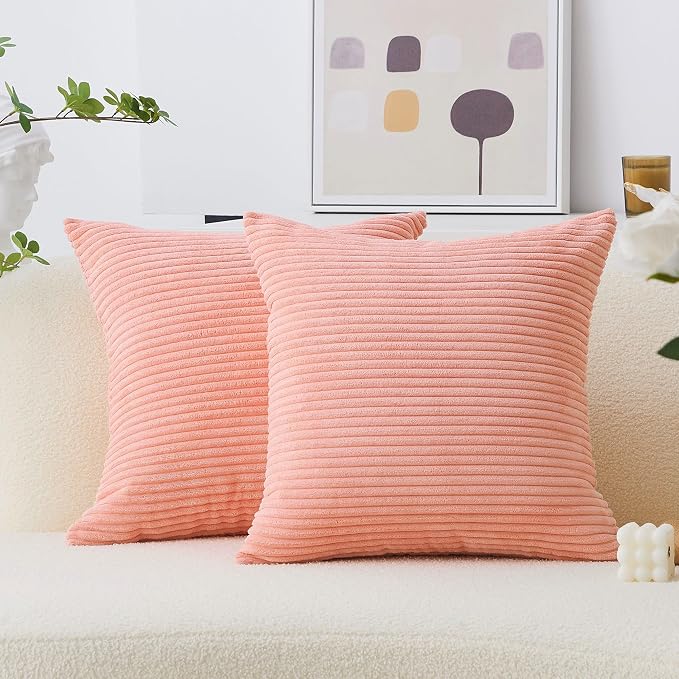 Home Brilliant Pink Pillow Covers 60x60 cm Set of 2 Plush Velvet Corduroy Throw Euro Pillow Sham Soft Pillow Cover for Daily Gifts, 24 x 24 inch, Coral