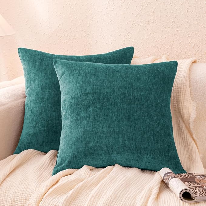 Amazon Basics Chenille Throw Pillow Covers, Home Decor Cushion Cover for Bedroom Living Room Couch Bed, 20" W × 20" L, Deep Teal