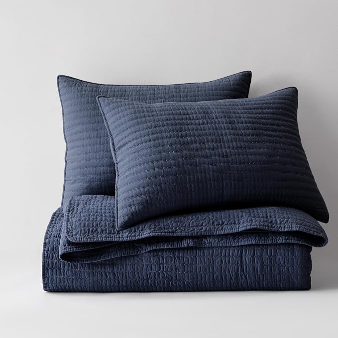 WDCOZY 100% Cotton Twin Size Quilt Set - Navy Blue Striped Pick Stitch Soft Lightweight Bedspread, Textured Like Linen, Farmhouse Country Rustic Coverlet, Shabby Chic Gauze Bedding, 2 Pieces