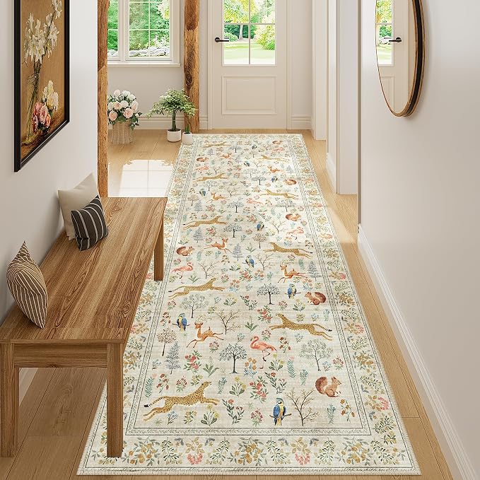 DUKINO 3x8 Runner Rug, Animal Washable Runner Rug for Kitchen, Beige | Non Slip, Low Pile, Soft Indoor Carpet Runner for Hallway, Entryway, Bedroom, Bathroom, Laundry, Pet Friendly, Non-Shedding