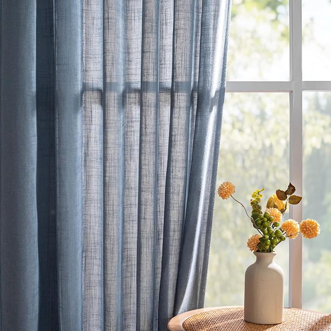 MYSKY HOME Curtains for Living Room 84 Inches Long Semi Sheer Light Filtering Privacy Drapes Linen Look Textured Boho Home Decor, Backdrop Curtain for Parties, 50" x 84", Dusty Blue, 2 Panels