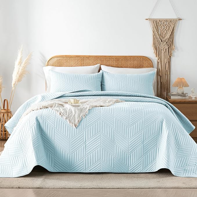 Davulos Twin Quilt Bedding Set,Aqua Blue Ultrasonic Quilt Set Reversible Microfiber Bedspread,Lightweight Soft Modern Geometric Coverlet Set for All Seasons(1 Quilt,1 Pillow Sham)