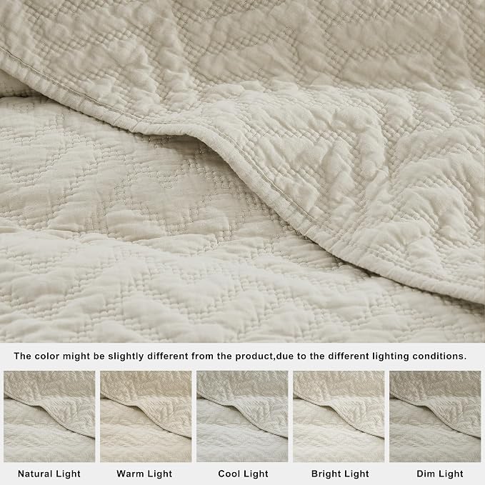 palassio Beige 100% Cotton Quilt King Size Bedding Sets with 2 Pillow Shams, Lightweight Textured Farmhouse Country Bedspread Soft Shabby Chic Patterned Coverlet for All Season, 3 Pieces