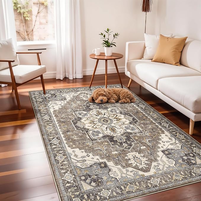 4x6 Area Rug for Living Room - Machine Washable Rugs with Non-Slip Backing Large Bedroom Carpet Distressed Oriental Non-Slip Non-Shedding Soft Thin Floor Mat for Dining Room Playroom(Beige,4x6)