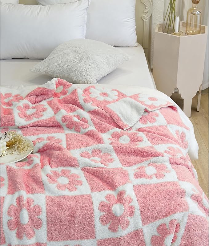 Ultra Soft Cozy Checkered Sunflower Knitted Throw Blanket Fluffy Microfiber Checkerboard Bed Blanket Lightweight Both Sides Throw Blanket for Couch Sofa Bed 50"X60" Pink¡­