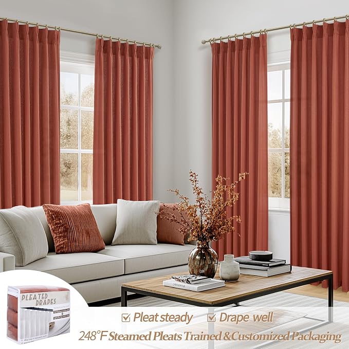 Burnt Orange Flax Linen Sheer Curtains 84 Inches Long for Living Room, Country Cottage Core Pinch Pleated Light Filtering Semi Through Drapes 84 Inch Length 2 Panels for Dining Room Fall Window Burg