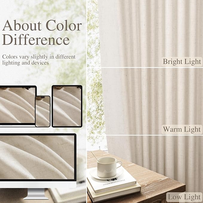 Linen Curtains 63 Inches Long for Living Room Semi Sheer Light Filtering Curtain Back Tab Rod Pocket Neutral Boho Modern Farmhouse Decor Window Drapes for Bedroom 52x63 2 Panels Boho