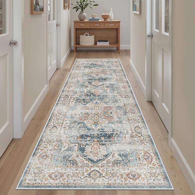 Madane Kitchen Runner 2'6''x8' Soft Rug Runners for Hallways, Navy | Vintage Machine Washable Printed Rugs 2.5x8 Ft, Non-Slip Low Pile Stain-Resistant 8ft Floor Carpet for Laundry Room, Corridor
