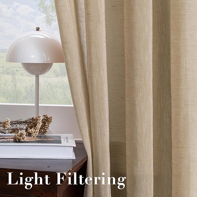 H.VERSAILTEX Linen Curtains Flax Linen Blended Curtain Panels for Living Room/Bedroom Semi Sheer Privacy Curtains 84 inch Length 2 Panels Set Nickel Grommet Window Drapes-Taffy