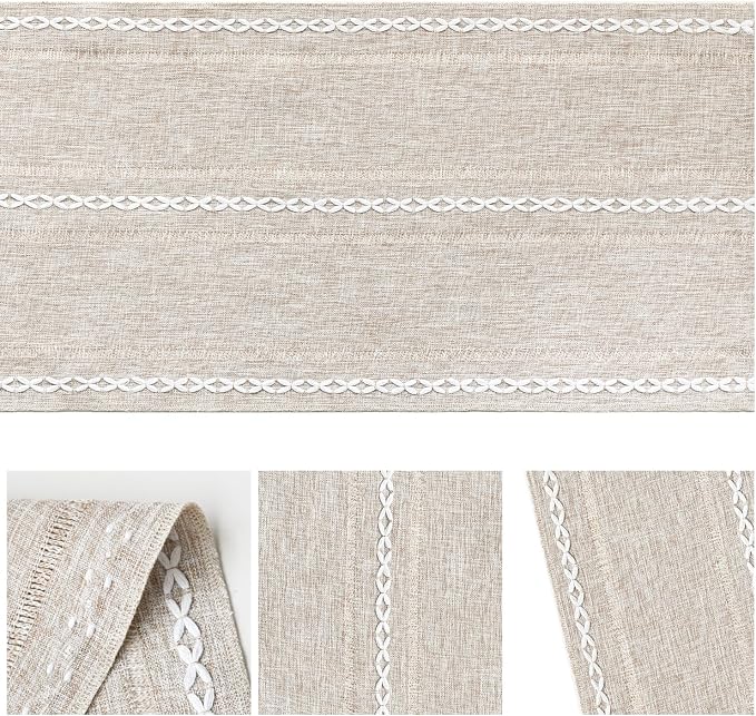 Artoid Mode Brown Rustic Cotton Linen Table Runner, Seasonal Embroidered Hollow Kitchen Dining Table Decoration for Home Party Decor 13x108 Inch