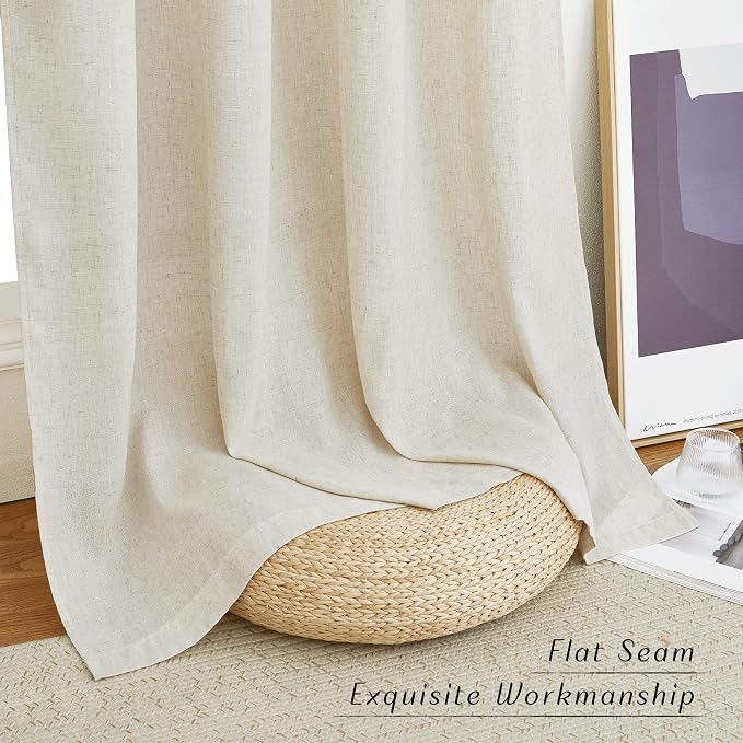 NICETOWN Natural Linen Curtains 108 inches Long for Living Room, Rod Pocket & Back Tab Thick Flax Privacy Semi Sheer Window Curtains with Light Filter for Bedroom, W55 x L108, 2 Panels