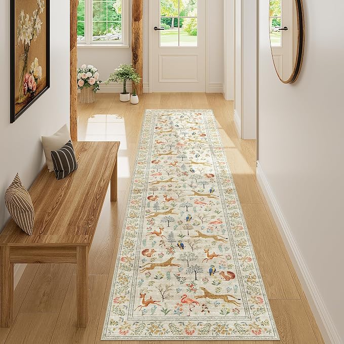 DUKINO 2x8 Washable Runner Rug, Non Slip Animal Kitchen Runner Rug, Beige | Soft, Low Pile, Non-Shedding Indoor Carpet Runner for Hallway, Entryway, Bedroom, Bathroom, Pet Friendly, Stain Resistant