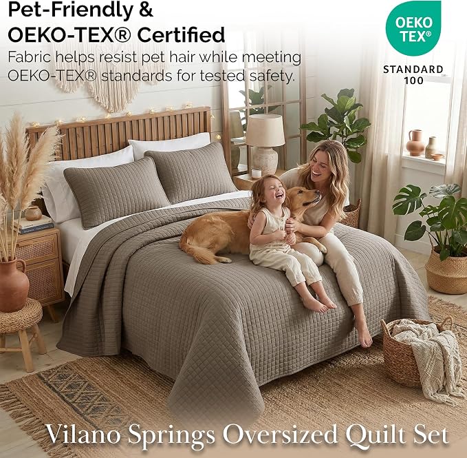 Southshore Fine Living, Inc. Oversized Quilt, King Size Bedding Set, Soft Microfiber, Easy Care Stain and Pet Hair Resistant Bedding, California/King Size Quilt Bedspread Set w/2 Shams, Dark Taupe